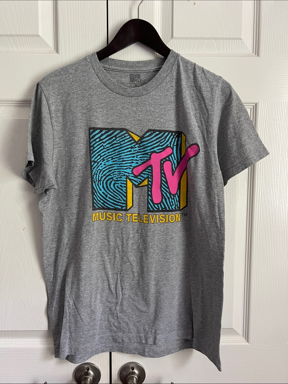 MTV Gray Tee with Turquoise, Pink & Yellow Logo-vintage